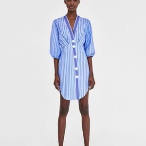 Zara Striped V-Neck Shirt Dress in Blue Tones, Asymmetrical Buttons,Size Medium